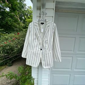 NWT Talbots Pretty Cream Navy Stripe Lined Linen Long Sleeve Blazer